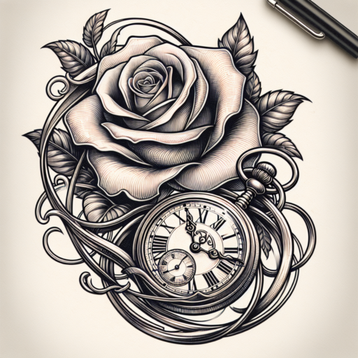 sketch rose and clock tattoo stencil